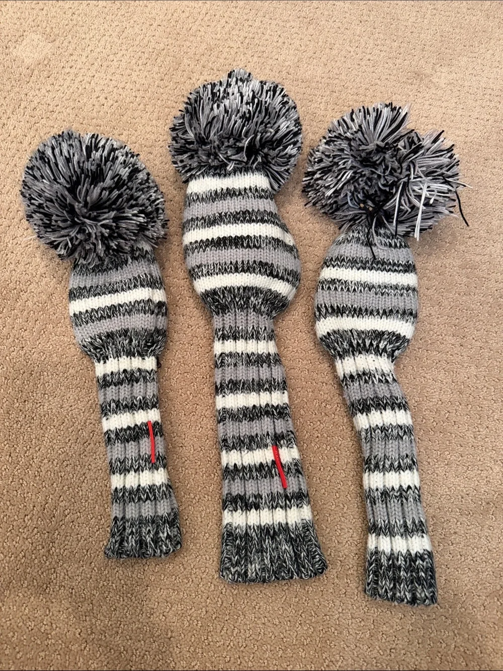 Ghost Golf Head-covers Hand-Knit Gray & White Pom-Pom Golf Club Headcover Set